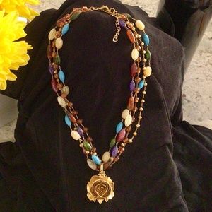 16” necklace beads & gold rose. 4 strands of gold/crystals& multicolored beads.